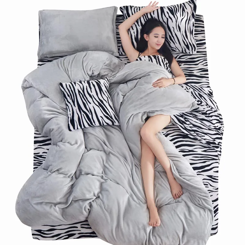 Zebra Stripe Gray Леопардовые полосатые зимние Утепленные фланелевые теплые постельные принадлежности набор плюшевых пододеяльников 4 шт/3 шт простыни чехлы на подушки, одеяло розовый - Цвет: Zebra Stripe Gray