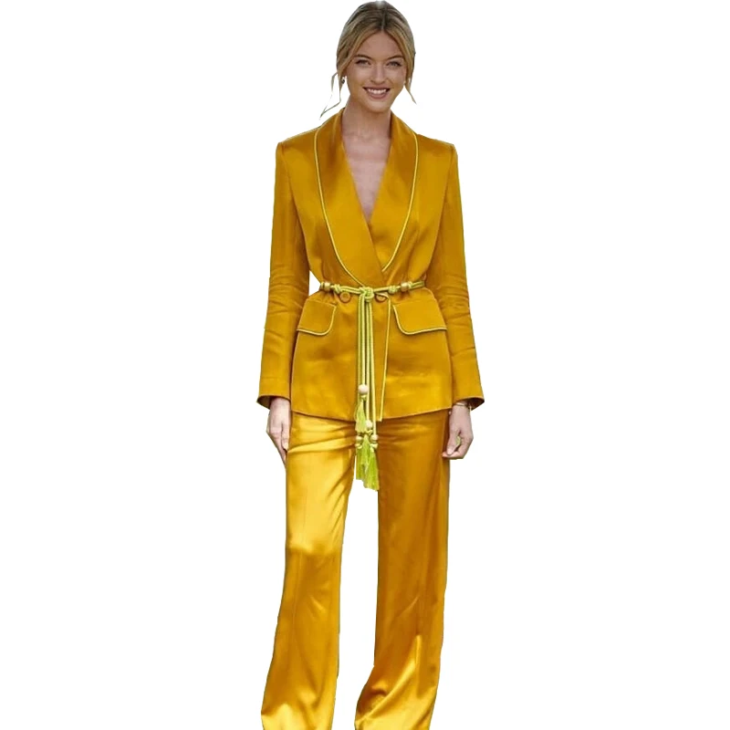 Brand 2019 Office Lady Elegant Yellow Pants Set Women Suit Double Breasted Blazer Coat + Loose Wide Leg Pant 2 Pieces Set Y246