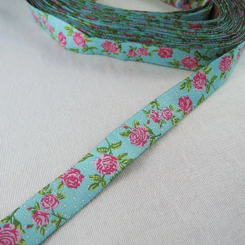 12 blue rose flowers 5/8 '(16 mmx5yards) цветки сливы тюльпаны розы тканые полиэстер Жаккардовая лента собака цепи аксессуары для ванной комнаты с ловкость для ошейник для собак - Color: 12 blue rose flowers