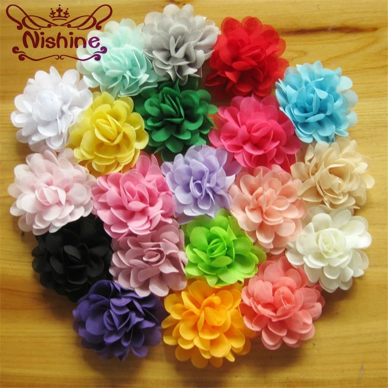 Nishine, 10 шт./лот, 20 цветов, 2,8 дюймов, сатиновый шифон, цветы для маленьких девочек, повязка на голову, украшение для волос, Детские аксессуары для волос