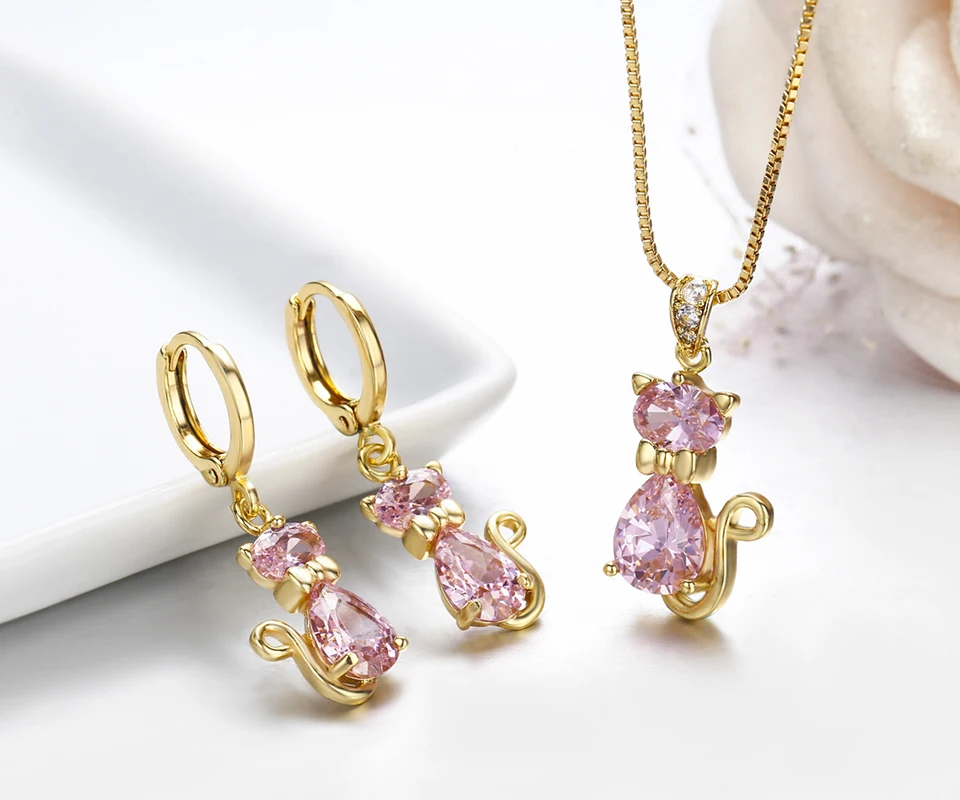 Милые котята Коты розовые CZ Подвески с камнями ожерелья серьги капли желтого