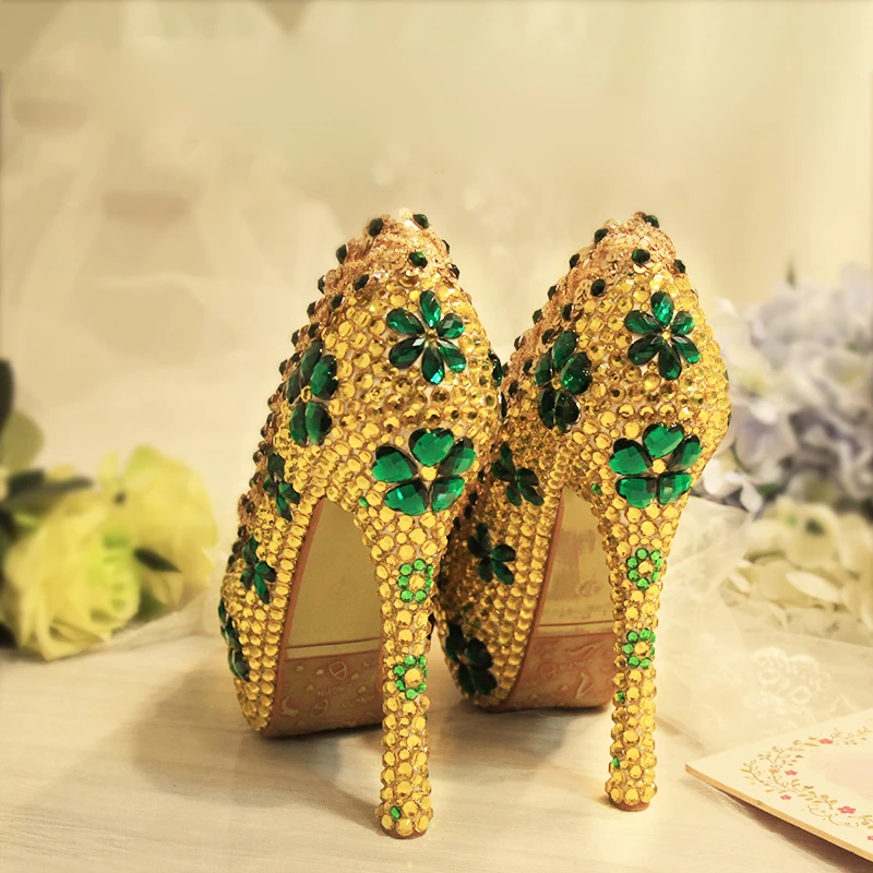 

Gold Crystal Pumps Women Wedding Shoes High Heels Platform Bridal Shoes Luxury Shoes Green Rhinestone Sexy Ladies Party Shoes