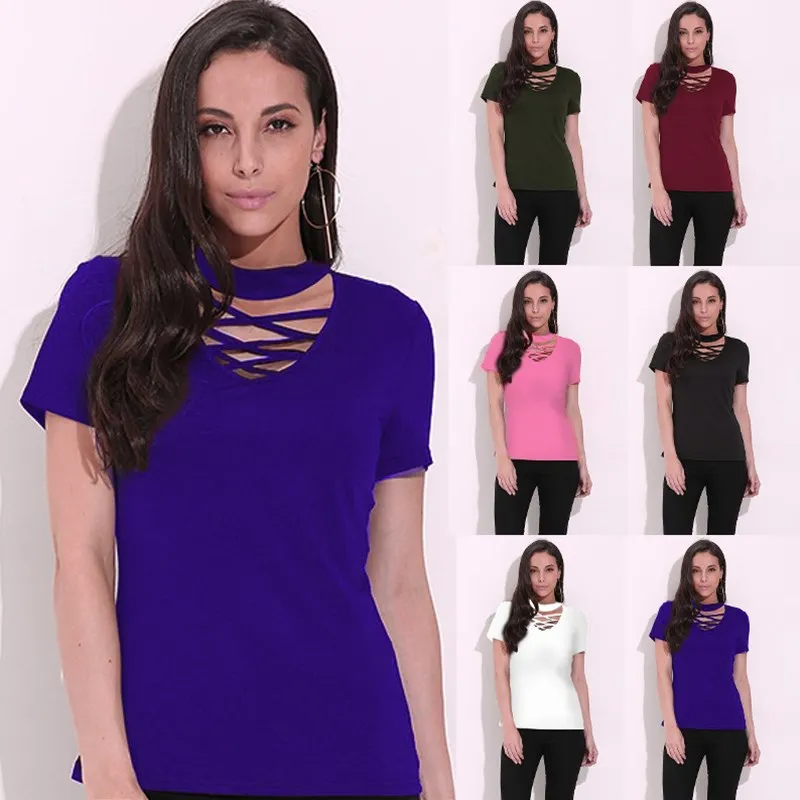 CELMIA Лето Для женщин Blusas Chocker глубокий вырез из блузки короткий рукав рубашки Обычная тонкая Однотонная футболка Oversize Топы S-4XL