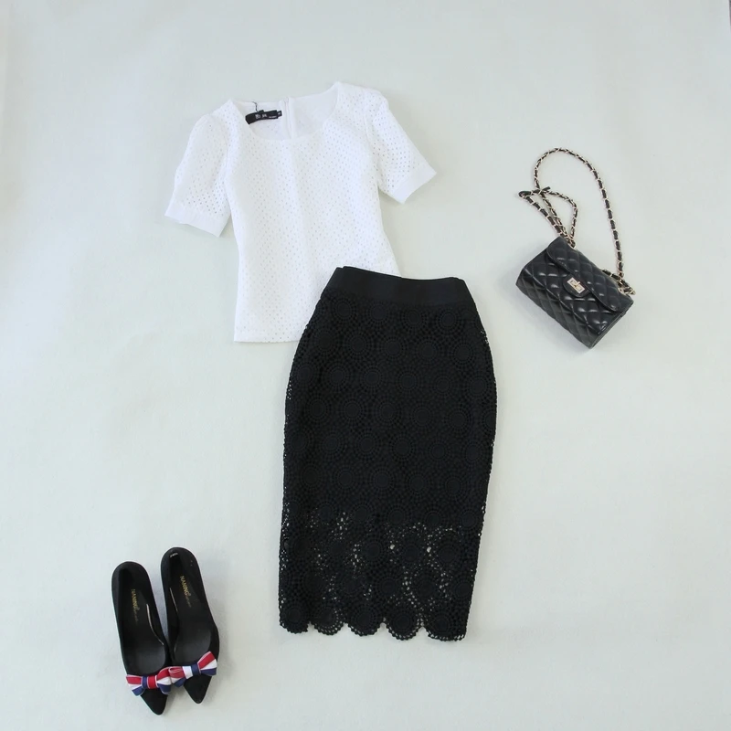 

Женский однотонный костюм из двух предметов, кружевная белая ажурная маленькая рубашка + кружевная сумка, юбка-карандаш, костюм-двойка