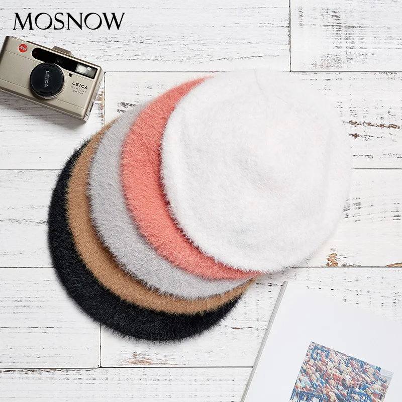 Женский вязаный берет из искусственного меха норки однотонный теплый шерстяной