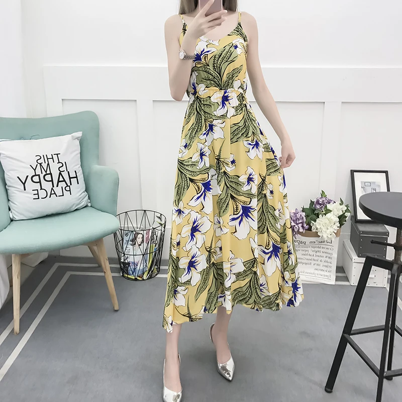 Летнее женское платье на бретельках Boho хлопковое пляжное без рукавов с цветами