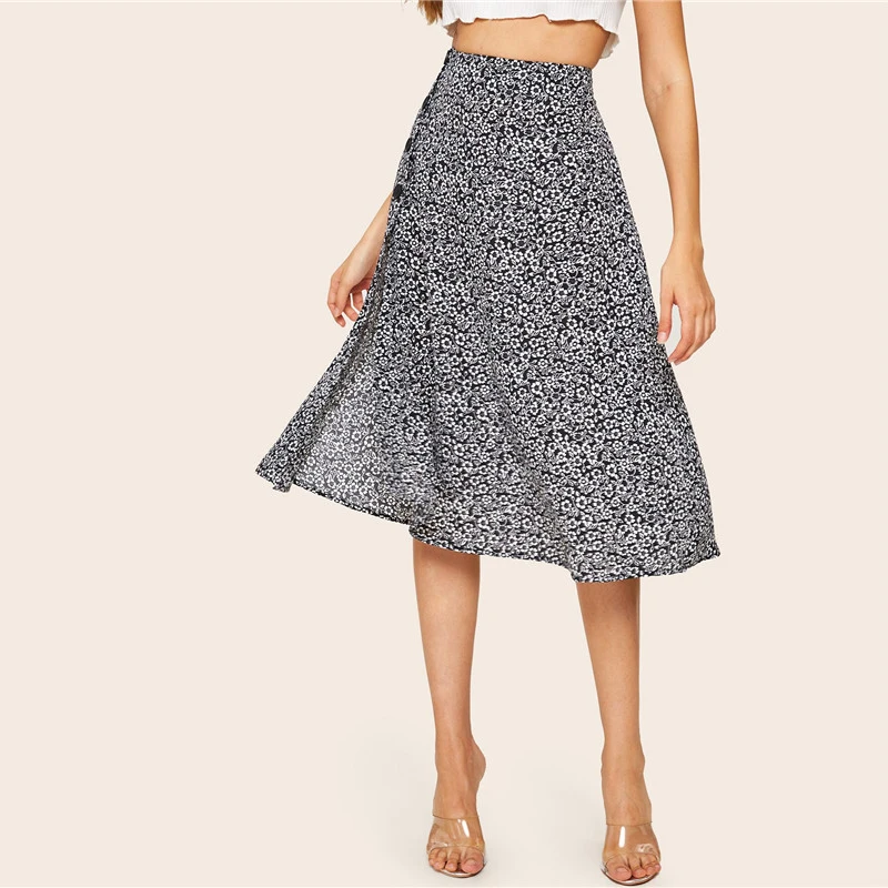 SHEIN, юбка с цветочным принтом и пуговицами, с разрезом по бокам, с высокой талией, для девушек, весна-лето, трапециевидная юбка миди, бохо, черная и белая, Женская юбка
