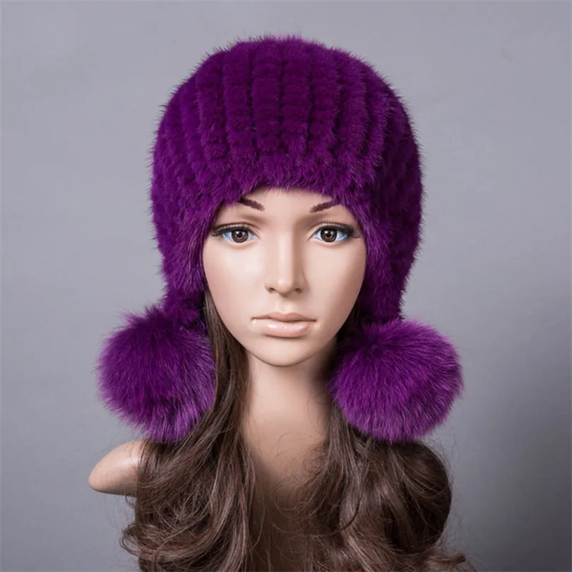 Purple Меховая шапка из натуральной норки для женщин, зимние вязаные шапки бини с лисьим мехом, помпоны из натурального меха норки, толстые женские зимние шапки - Цвет: Purple