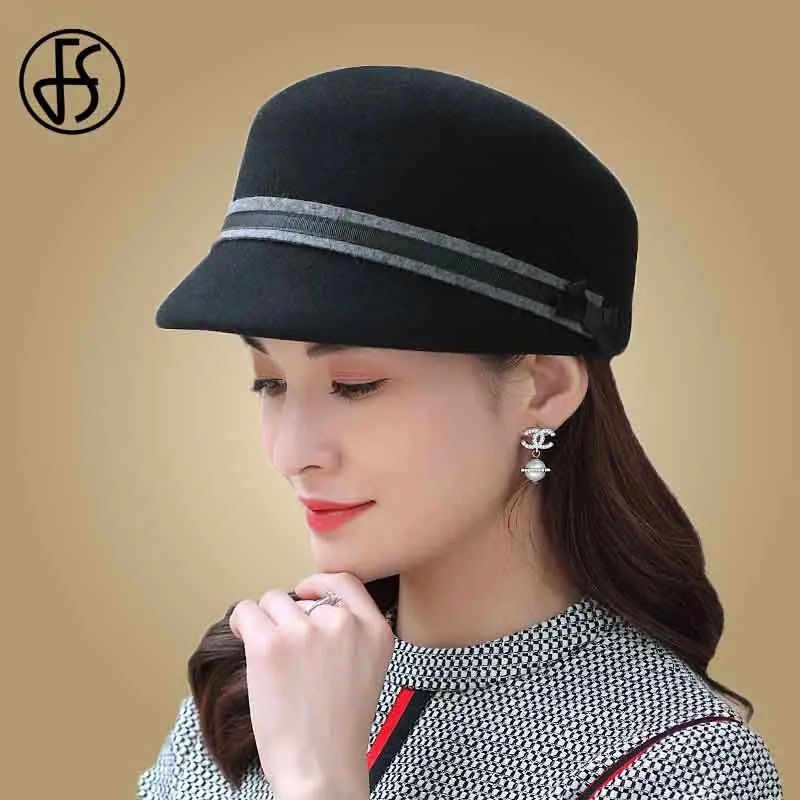 Black Wool Hat FS, весенне-осенние шерстяные шапки для женщин в английском стиле, зимняя фетровая шляпа для верховой езды, вечерние шляпы для девушек - Цвет: Black Wool Hat