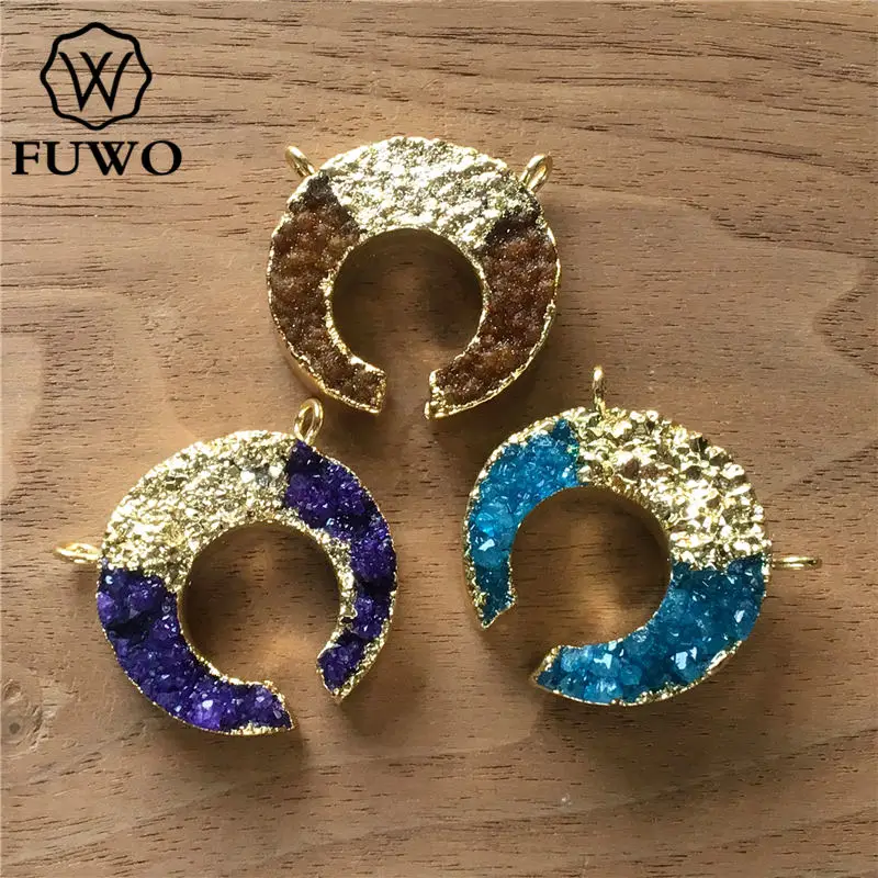 FUWO Натуральный Druzy Кулон с дизайном полумесяц золотой отделкой модные двойные