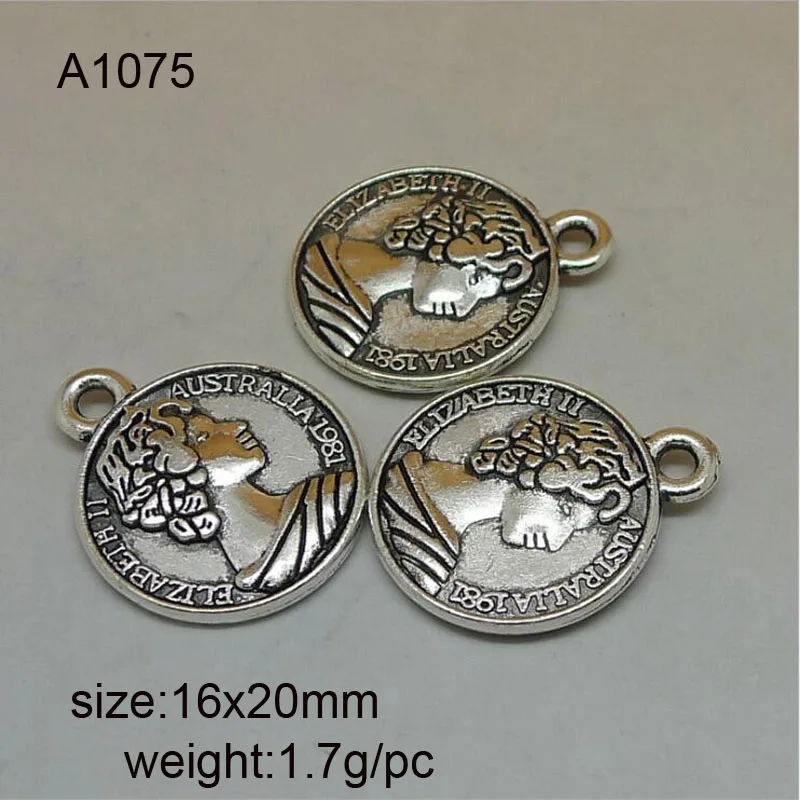 

25Pcs/Lot 16*20mm Antique Silver Plated Metal Alloy Elisabeth Coin Charms Fit For DIY Accessories Jewelry Making Findings