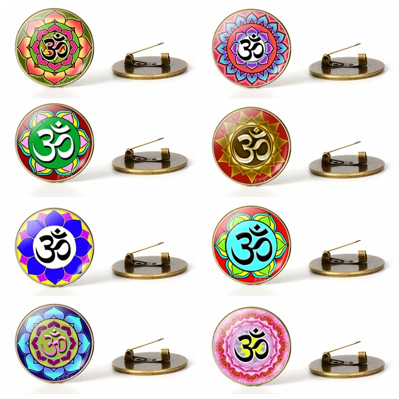 Брошь с цветком лотоса OM винтажная Медная брошь кабошон покрытием из стекла и