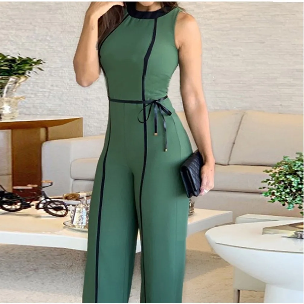 Женский комбинезон с широкими штанинами круглым вырезом элегантный поясом