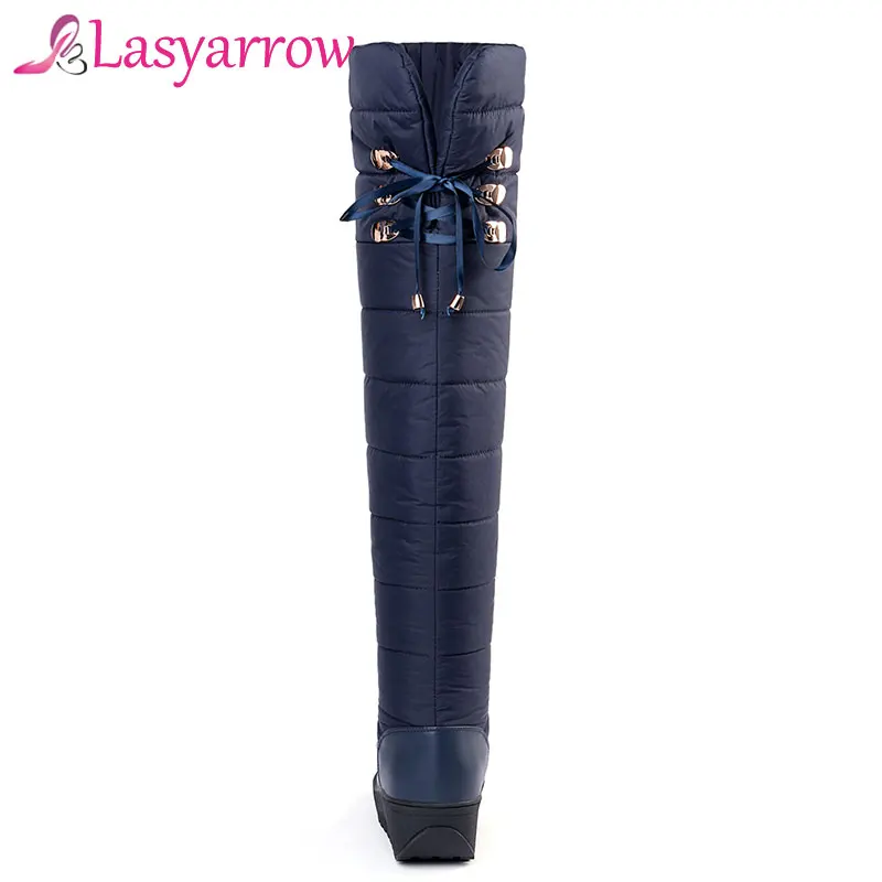 Lasyarrow Down Warm Snow Boots Women Round toe Platform Thigh High Fashion Lace Up Over the Knee Wedges Botas Mujer | Обувь