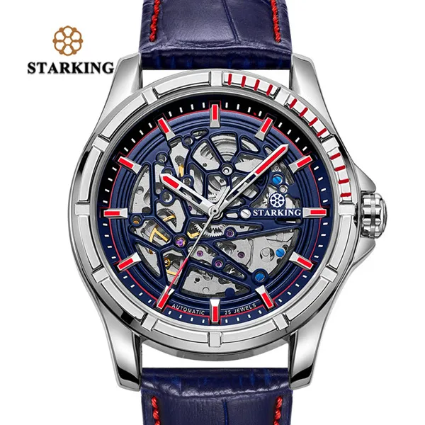 STARKING/мужские прозрачные часы 28800, высокие часы, мужские наручные часы, кожаные Relogios Automaticos Mecanic TM0271 - Цвет: Синий