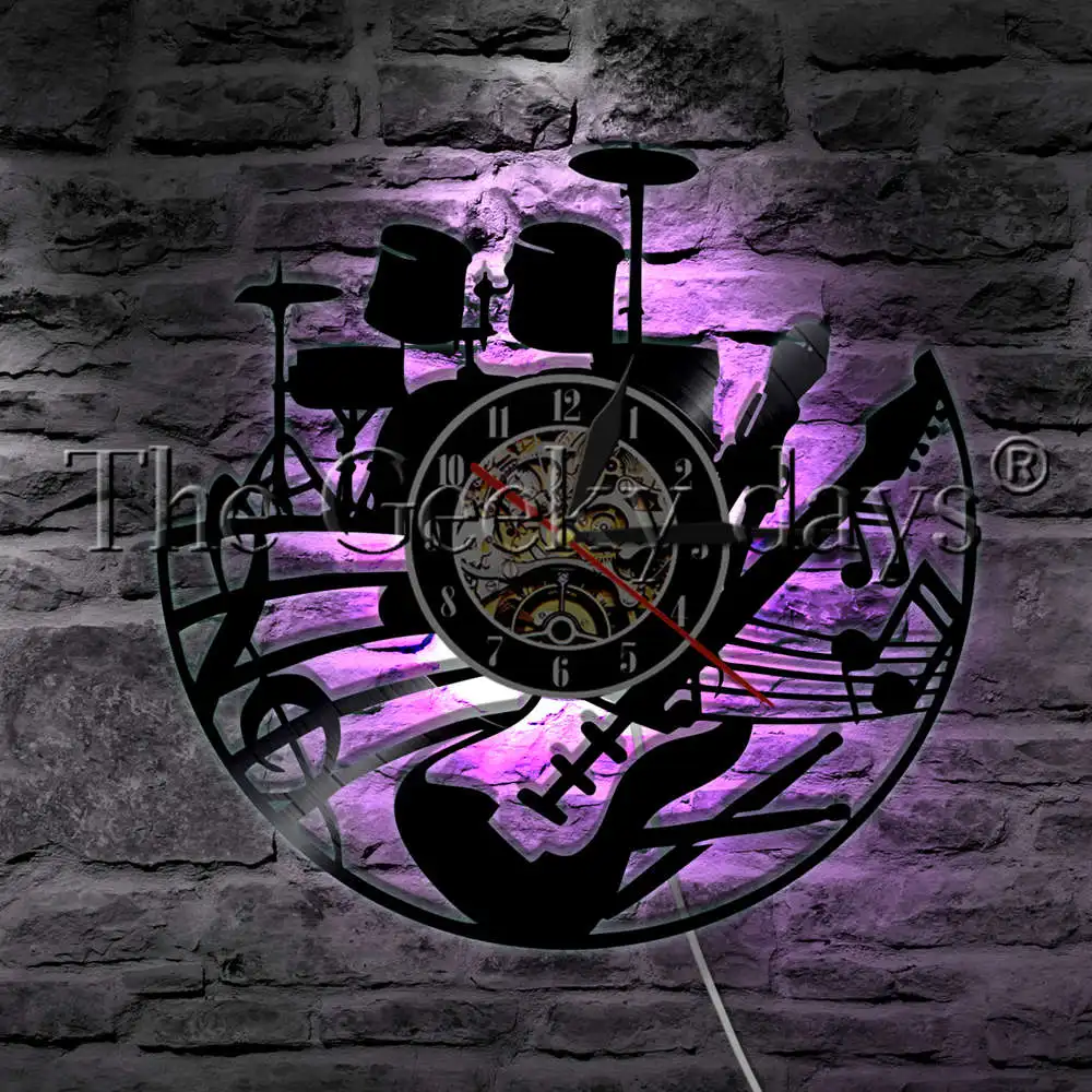  Rock Music Guitar And Drum Kits Vinyl Record Wall Clock Modern Wall Lamp Musical Instrument LED Night Light Guitar Gift