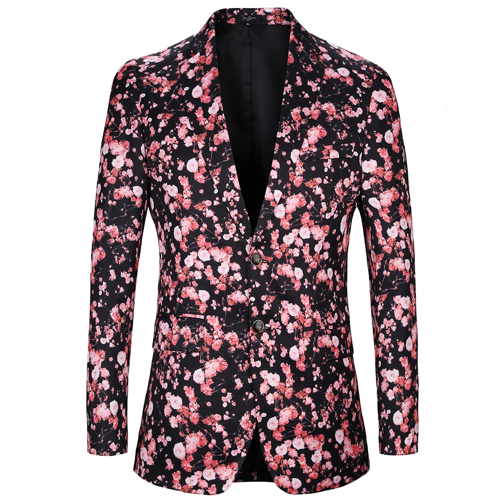 

2021 Elegant Men Suit Jacket Black Japan Spring Cherry Blossoms Printing Floral Men Blazer Luxury Brand Casual Blazers For Men