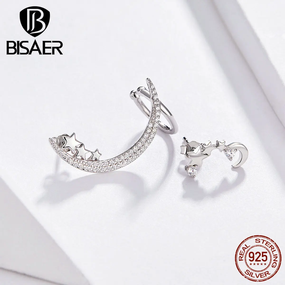BISAER, циркониевые серьги для женщин, 925 пробы, серебро, светящиеся в форме звезды, Луны, серьги-гвоздики, Женские Ювелирные изделия из стерлингового серебра ECE616