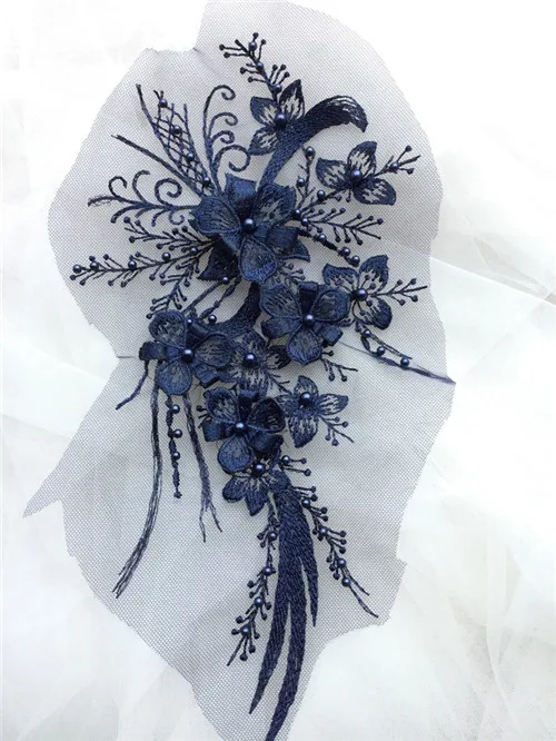 navy blue 1 шт. 30*15 см элегантный цветок вышивка жемчугом бисером 3D кружева ткани аппликация с кружевной отделкой платье материал золото/Шампань/розовый - Цвет: navy blue