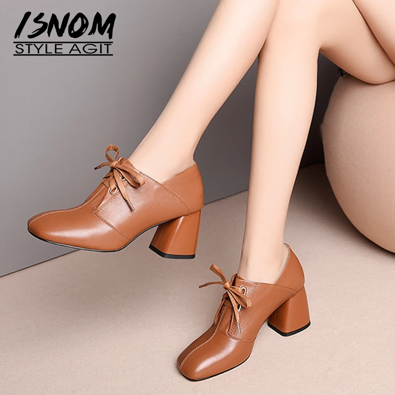 Женские туфли-лодочки на толстом высоком каблуке ISNOM офисная обувь шнуровке с