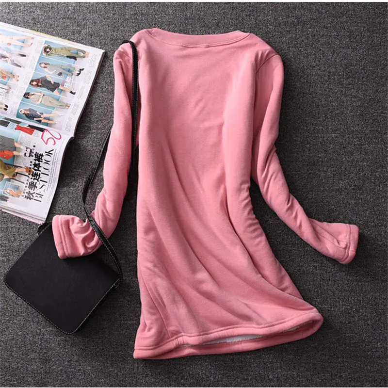 Autumn And Winter Plus Velvet Shirt Women Cashmere Warm Thick Long Sleeve Tee Shirt Female Casual Ladies Tops Tshirt Women Q1710