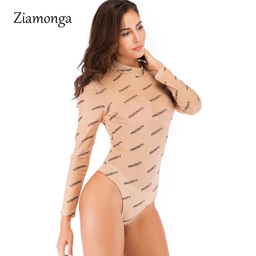 Ziamonga Sheer Mesh Цветочный принт с длинным рукавом сексуальное боди Для женщин топ мода спандекс черный, розовый пикантные в