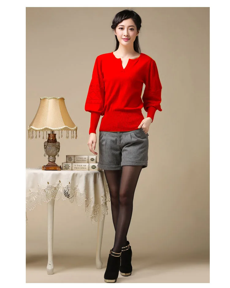 Женский кашемировый свитер с V-образным вырезом и рукавами-фонариками | Женская