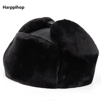 real leather caps genuine cow skin leather mens bomber hats with ear flap russian winter faux fur earmuffs caps