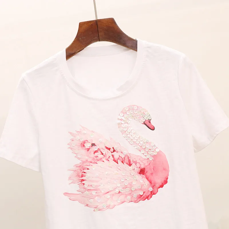 Летняя Новинка 2020 женская футболка с коротким рукавом лебедем и блестками модные