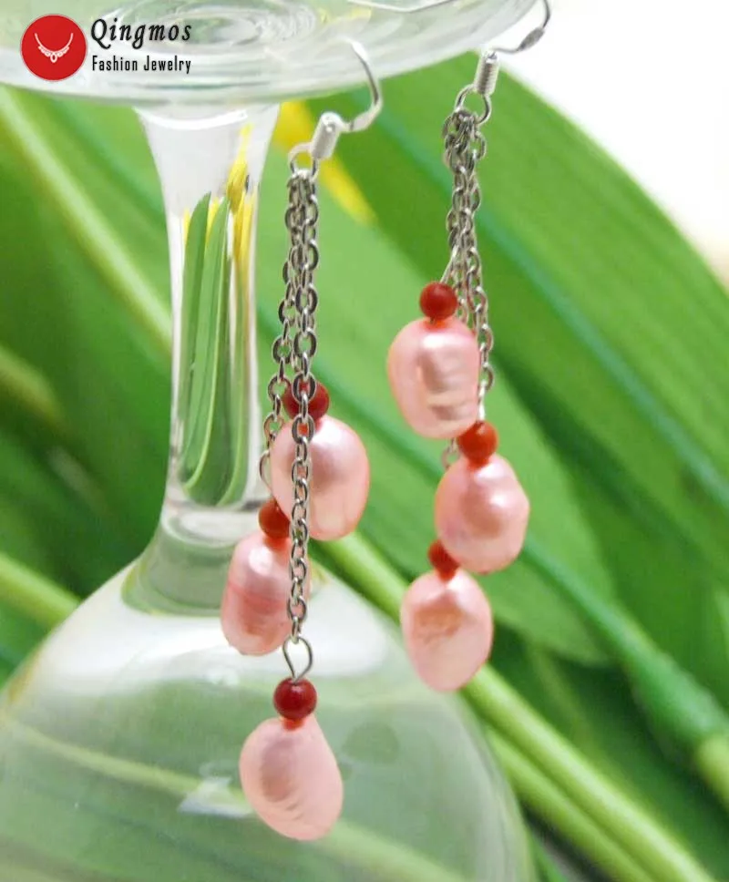 Qingmos 3 Pieces Natural Pearl Earrings for Women with 7-9mm Light Pink Baroque Freshwater Dangle 3&quot Jewelry e549 | Украшения и