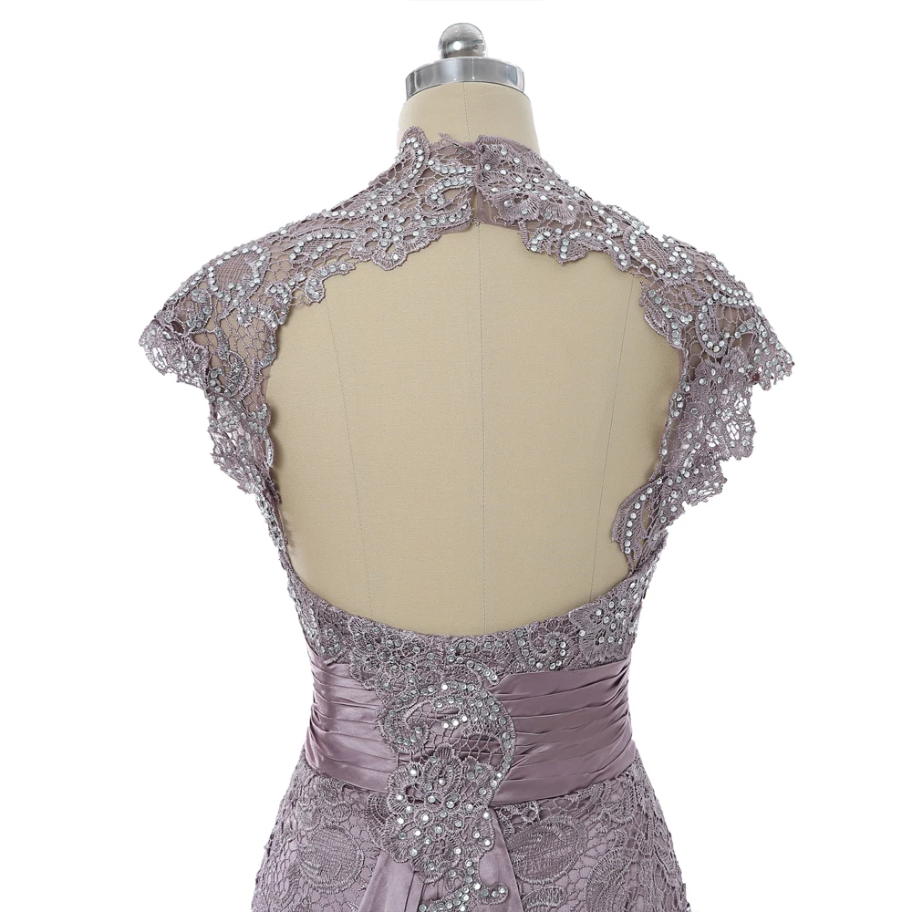 Женское длинное вечернее платье фиолетовое с высоким воротником рукавами