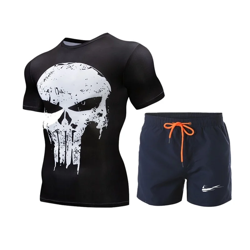 Новый беговой костюм Для мужчин тренажерный зал Спортивная футболка короткий