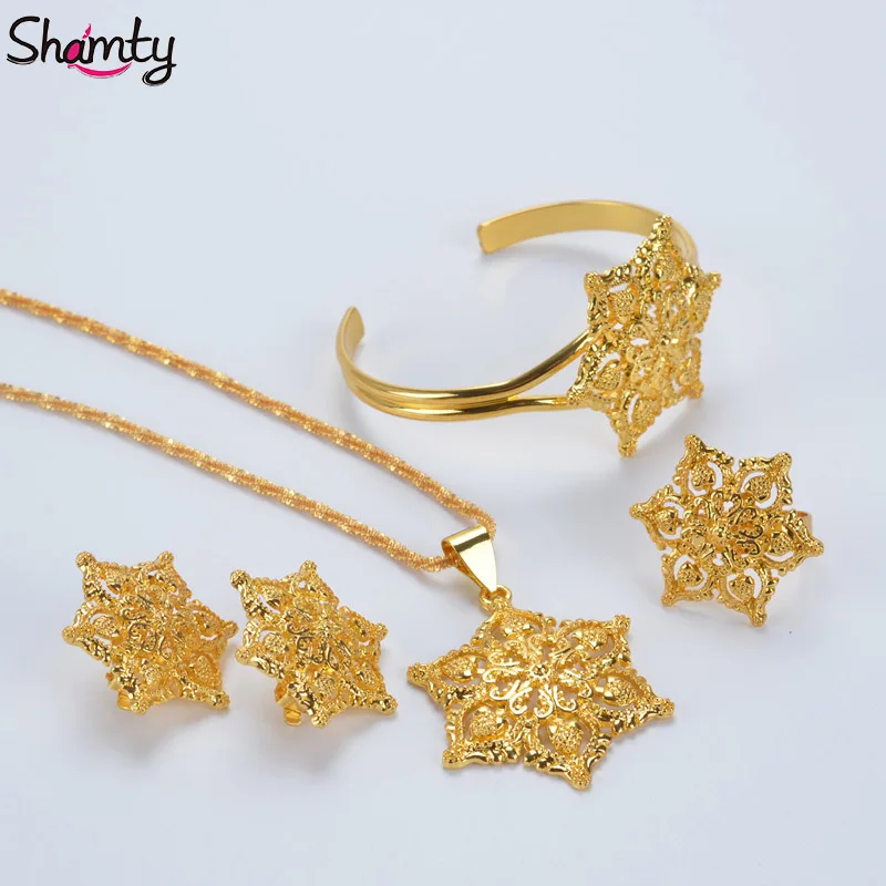 

Shamty Exquisite Luxury Pattern Jewelry Sets Flowers Pure Gold Color For Bride African Jewelry Wedding Sets A300058