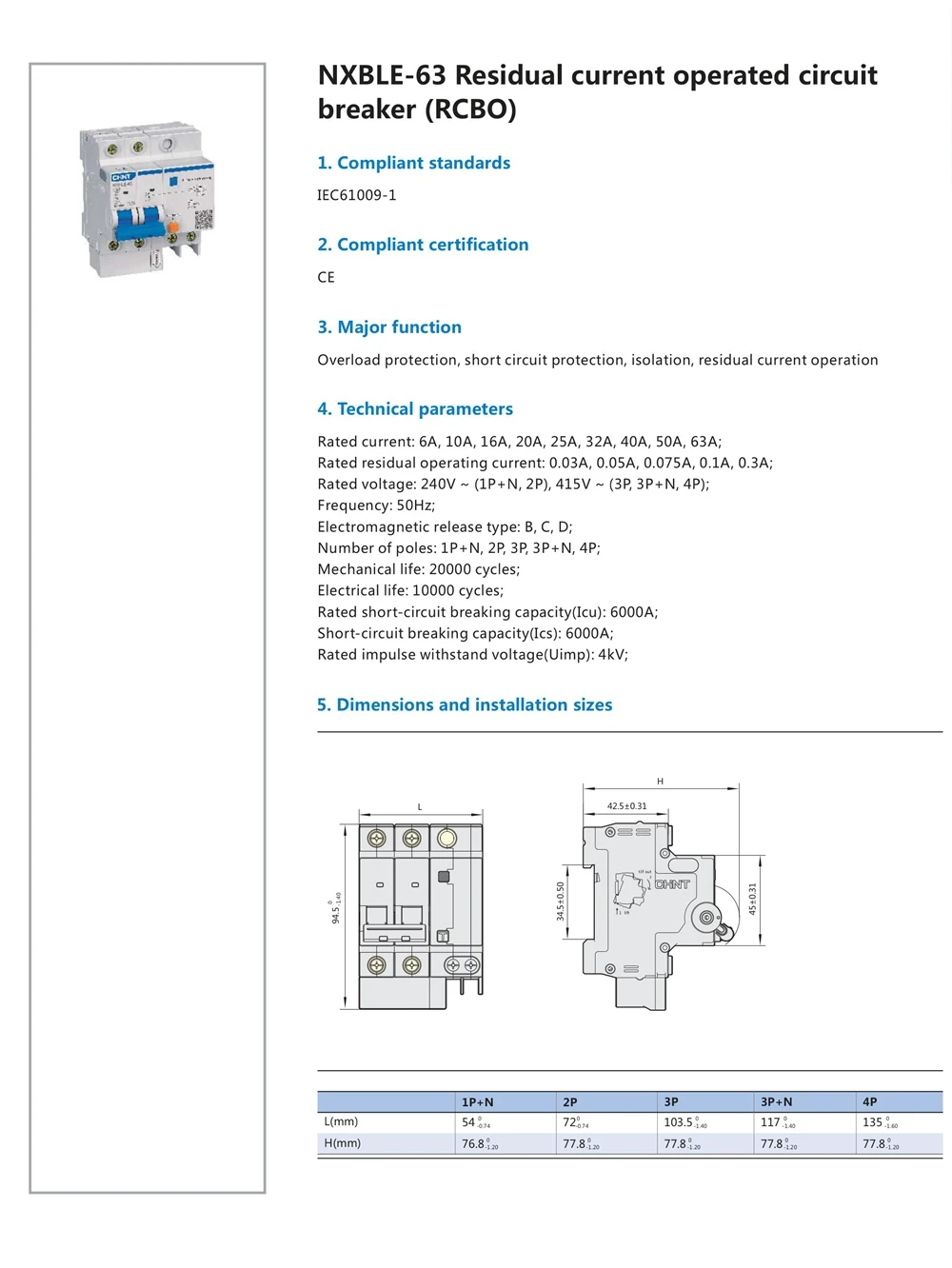 CHINT RCBO NXBLE-63 Американская классификация проводов 2р 30mA 6KA 32A 40A 50A 63A остаточный ток автоматический выключатель RCBO