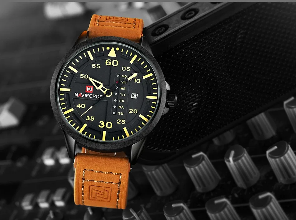NAVIFORCE мужские часы с датой недели, спортивные мужские часы, Топ бренд, Роскошные военные армейские деловые кварцевые мужские часы с кожаным ремешком, новинка 9074