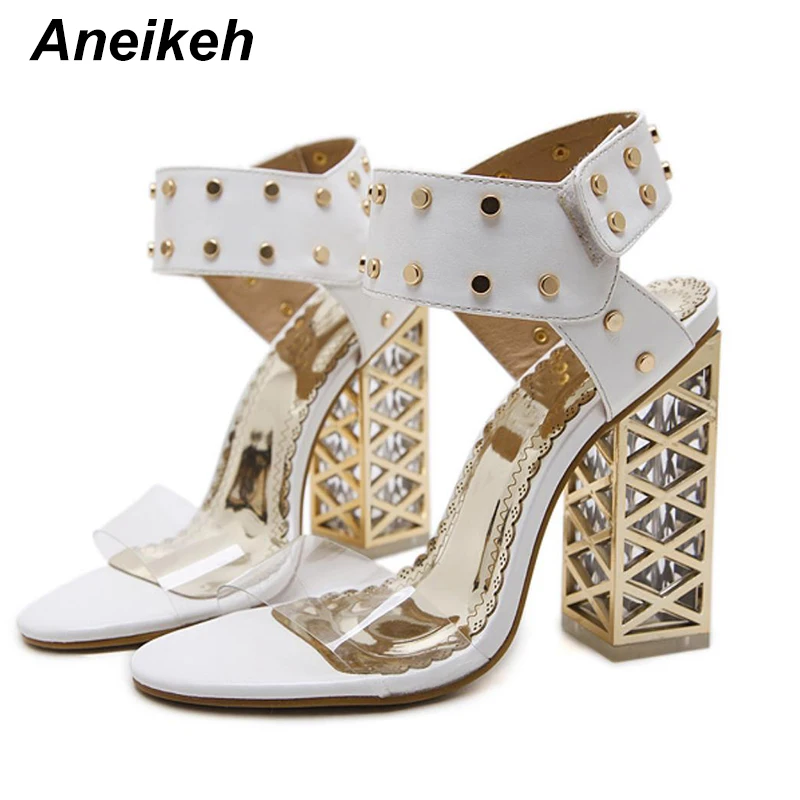 Aneikeh/Новые босоножки; Летняя обувь; коллекция года; пикантные женские босоножки на высоком каблуке с открытым носком из ПВХ и кристаллами; Цвет черный, белый; размеры 34-40; 923-9