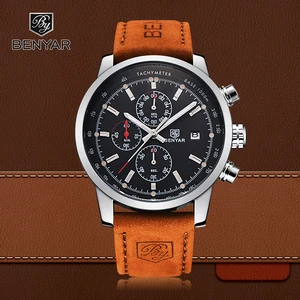 Часы наручные BENYAR Мужские кварцевые с хронографом, спортивные брендовые Роскошные водонепроницаемые в стиле милитари, с кожаным ремешком