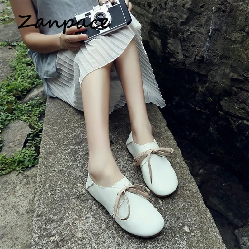 Туфли Zanpace женские на плоской подошве удобные кожаные туфли круглый носок