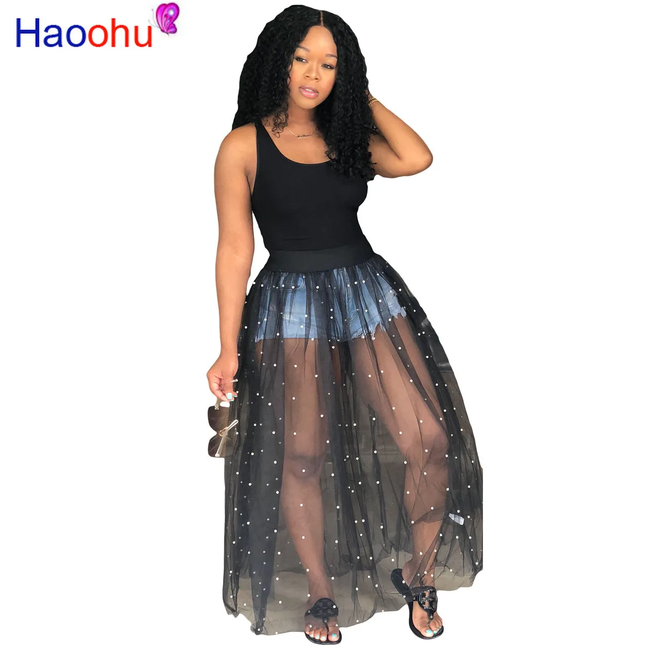 

HAOOHU Beaded Embellish Sexy Party Dress Women Black Mesh Patchwork Maxi Bandage Dress Summer O Neck Sleeveless See Through Robe