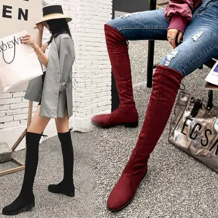 Red Low heel S SIMLOVEYO/черные, серые женские замшевые ботфорты выше колена на толстом квадратном каблуке; женские Сапоги выше колена; большие размеры 32-48; B007 - Цвет: Red Low heel S