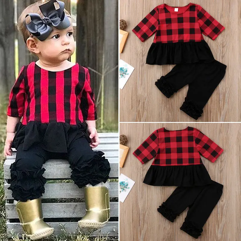 

Fashion Baby Girl Clothes Set Red Plaid Tops+Black Pants Ruffles 2pcs Girl Clothing Suit