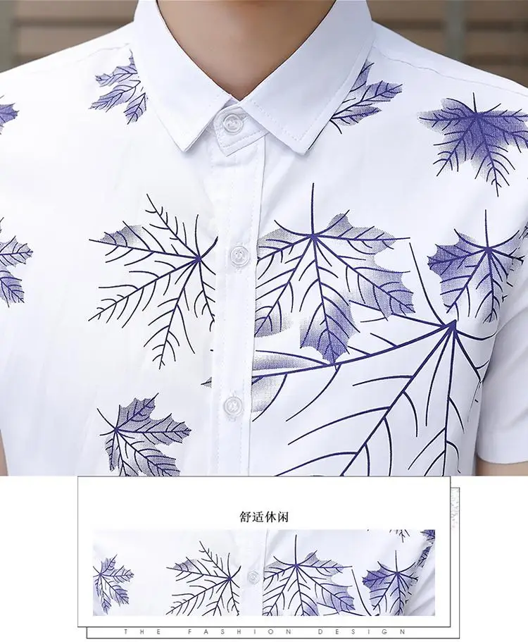 

Fashion Casual Shirt Men Floral Flowers Print Slim Blouse Mens dress Shirts Short-sleeved White Blue