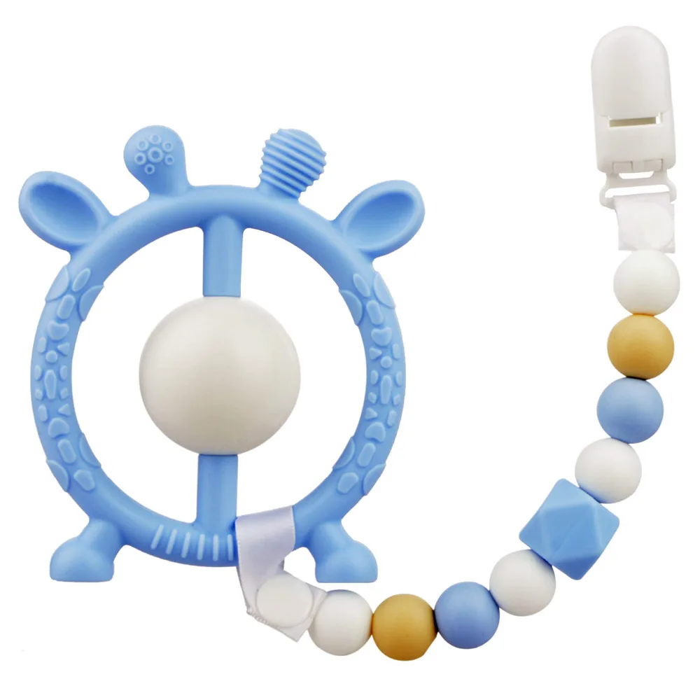 

Baby Teether Christmas Deer Partern With Chain Clip Set Round Wheel Shape Soft Dental Care Teethers Gift