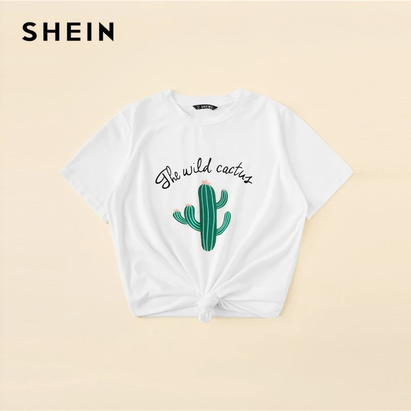 SHEIN Футболка С Графическим И Текстовым Принтом Стильный Укороченный Топ С Узлом И Принтом