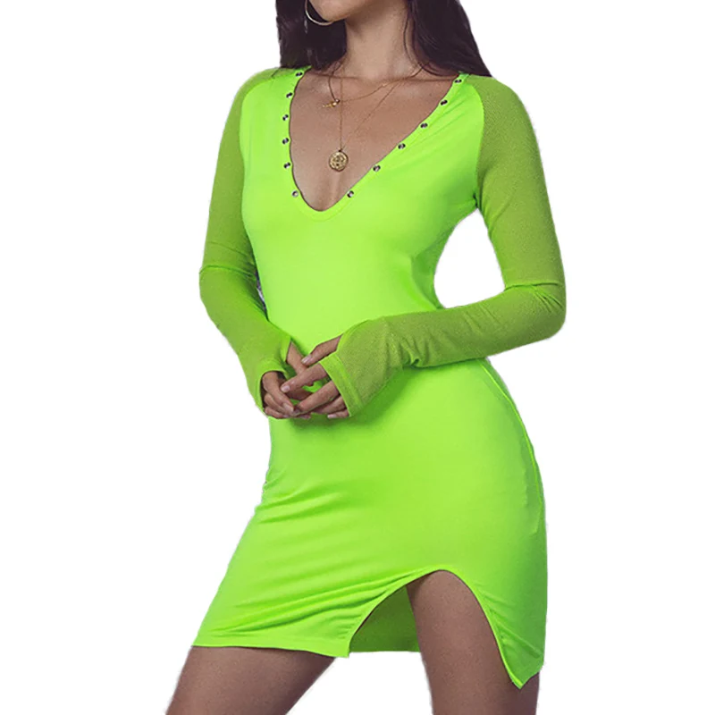 Женское платье карандаш с глубоким v образным вырезом ФЛУОРЕСЦЕНТНОЕ зеленое