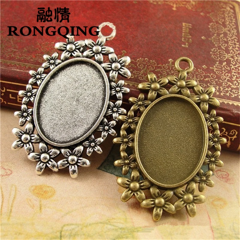 

RONGQING 20pcs/lot Small Flower Frame 25*18MM Oval Cabochon Settings Zinc Alloy Trendy Filigree Lace Jewelry Blank Charms