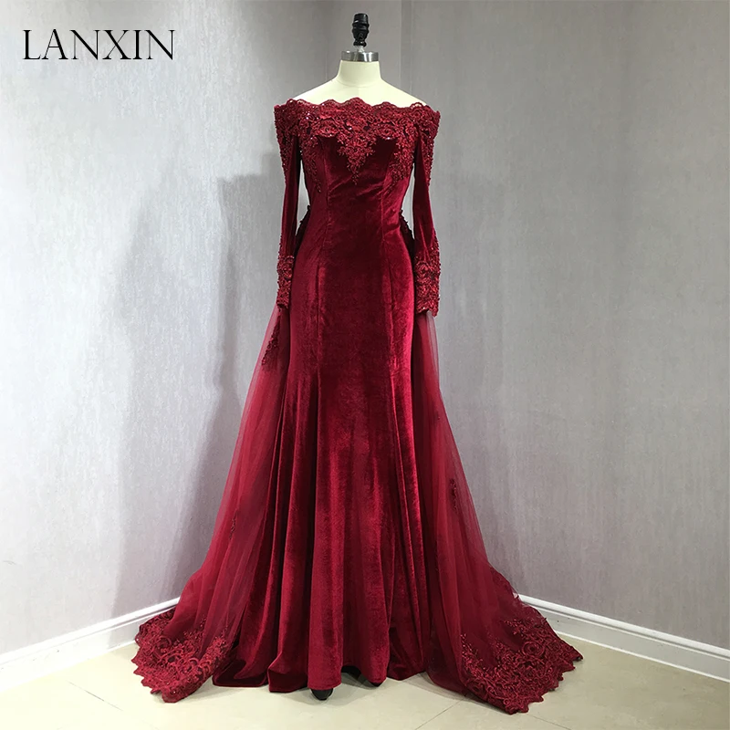 Бордовые бархатные вечерние платья русалки Robe de Soiree с открытыми плечами и