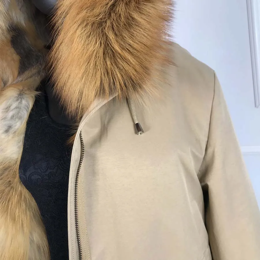 Парки из настоящего меха для Для женщин зимняя верхняя одежда с red fox меховым воротником, с капюшоном, с подкладкой большой толстовка с принтом лисьей морды пальто с мехом Куртка Толстая теплая куртка для оптоволоконного кабеля