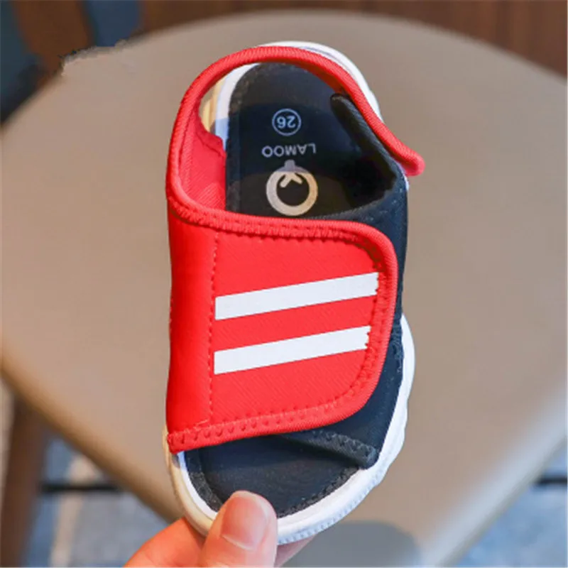 Xiaying Smile Children's sandals baby stripes magic stickers solid bear beach shoes breathable and adjustable kindergarten |