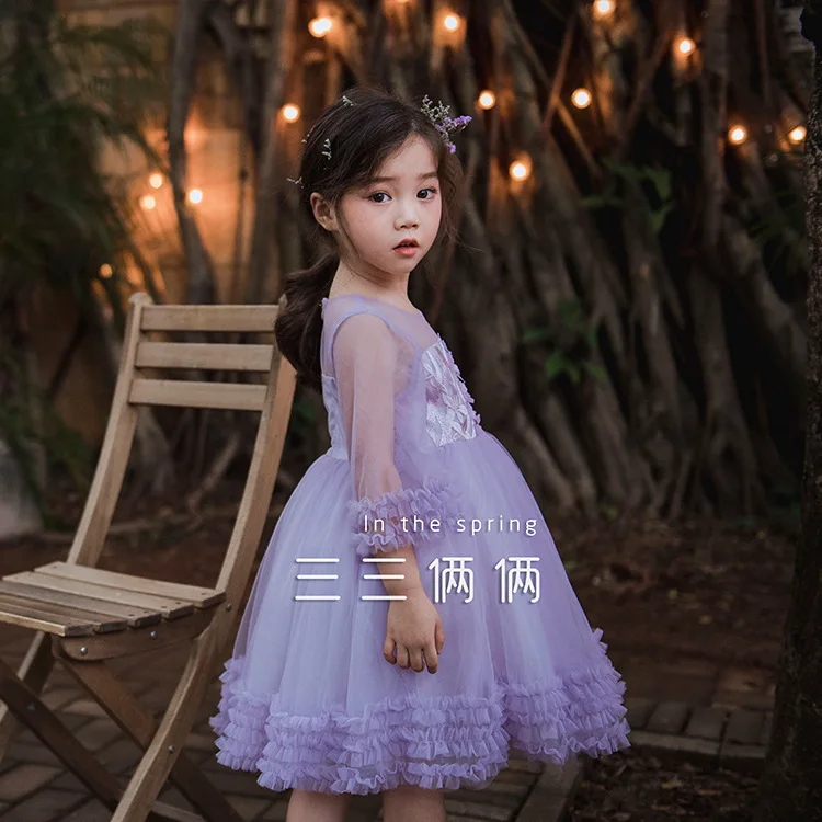 2019 spring Korean cute princess fluffy mesh dress 7 points puff sleeve transparent | Детская одежда и обувь